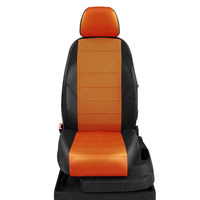 Авточехлы для Chevrolet Aveo 2 с 2011-н.в. седан, хэтчбек. Задние сиденье единое, спинка 40 на 60, передний подлокотник в кресле, 5 подголовников ЭК-09. Середина: экокожа оранжевая с перфорацией. Боковины: чёрная экокожа. Спинка: чёрная экокожа.