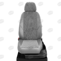 Авточехлы для Renault Logan с 2014-н.в. седан Задние спинка и сиденье единые, 4-подголовника. (БЕЗ AIR-Bag перед сиденья)  ЭК-15. Середина ПРОШИВКА РОМБ: серая алькантара. Боковины: светло-серая экокожа. Спинка: с-серая экокожа