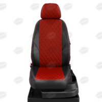 Авточехлы для Nissan Note с 2005-н.в. хэтчбек Задняя спинка 40 на 60, сиденье единое. 2 передних подлокотника в спинке, задний подлокотник (молния), 5-подголовников  ЭК-06. Середина ПРОШИВКА РОМБ: экокожа красная с перфорацией. Боковины: чёрная экокожа.  Спинка: чёрная экокожа.