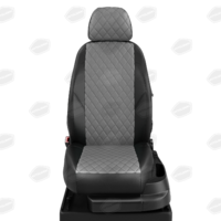 Авточехлы для Mitsubishi Lancer 10 с 2007-н.в. седан, хэтчбек Задняя спинка 40 на 60,сиденье единое. Задний подлокотник (молния), 2 надкрыльника, 5 подголовников  ЭК-02. Середина ПРОШИВКА РОМБ: экокожа тёмно-серая с перфорацией. Боковины: чёрная экокожа. Спинка: чёрная экокожа