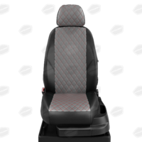 Авточехлы для Nissan Almera Classic с 2006-2012г. седан Задние спинка и сиденье единые. 3+2 подголовников - задние Горбы  ЭК-02. Середина ПРОШИВКА РОМБ: экокожа тёмно-серая с перфорацией. Боковины: чёрная экокожа. Спинка: чёрная экокожа